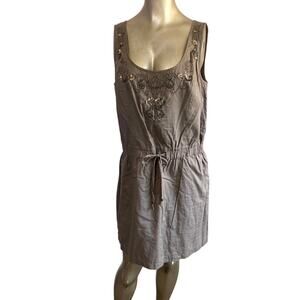 Ann Taylor Loft Beaded Dress 8 Brown Cotton Sleeveless Mini Shift Drawstring